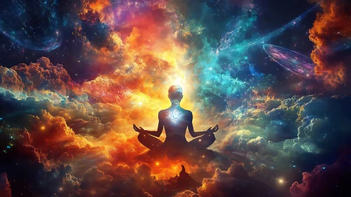 Meditating silhouette aligns with radiant cosmic nebula portal