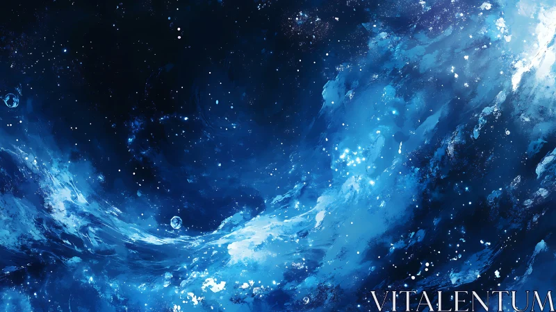 Starlit cosmic waves swirl gently through a deep blue sky