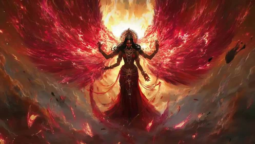 Fiery winged goddess rising from swirling cosmic flames.