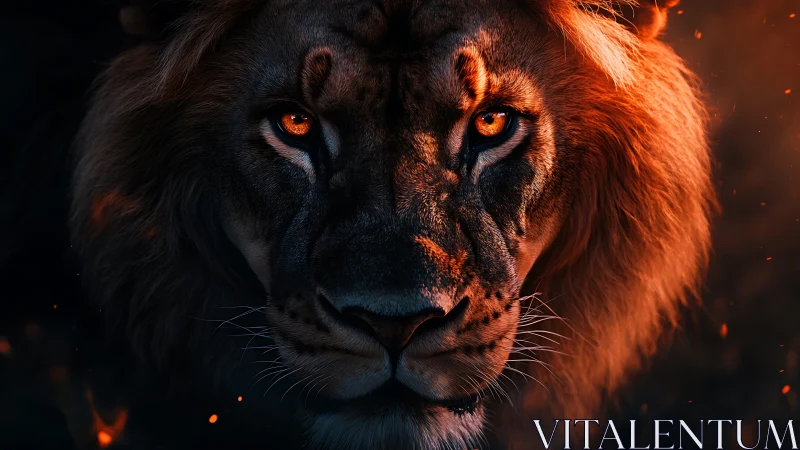 Lion portrait with molten ember eyes in dramatic low key lighting.