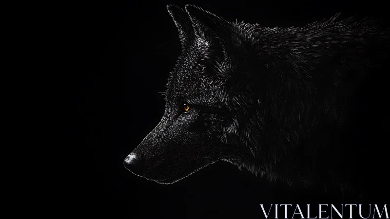 Lone black wolf emerges from darkness in side profile view.