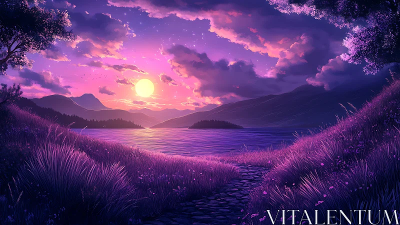 Twilight lake opens a glowing path between violet hills