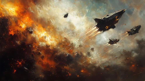 Star cruisers carve burning paths through a galactic storm