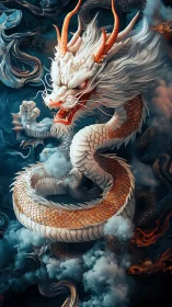 Mythic white dragon coils through storm clouds in fury