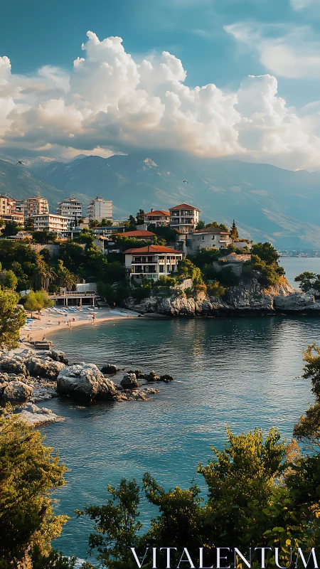 Coastal settlement and beach cove viewed across calm water