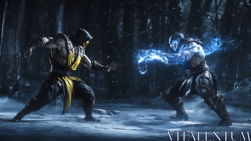 Masked warriors duel with fire and ice powers in snow forest.