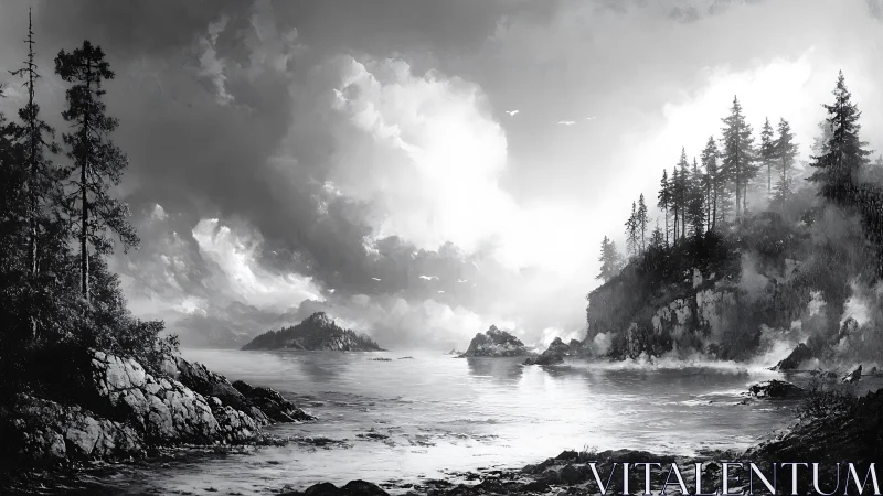 Monochrome Wilderness: Mist-Shrouded Island Serenity.
