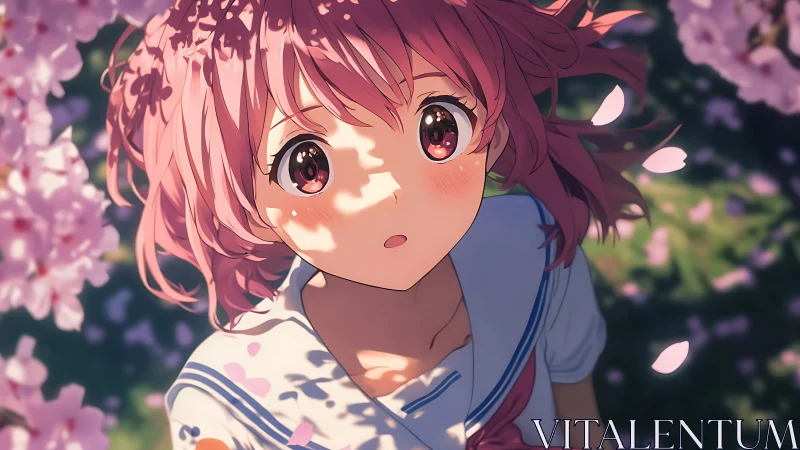 Pink haired student under cherry blossoms in soft light.