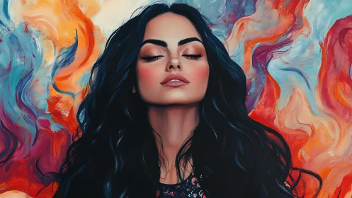 Digital portrait shows woman with dark hair before abstract swirls