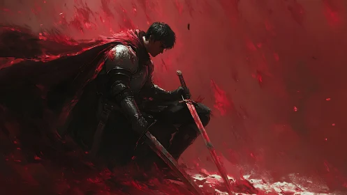Battle weary knight kneels in a storm of crimson embers