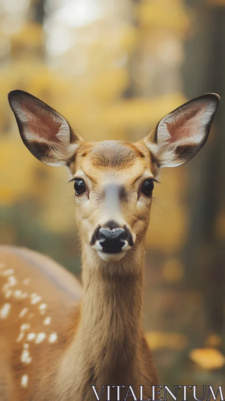 Young deer portrait in shallow depth autumn forest light.