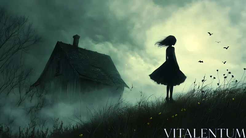 Haunting silhouette girl contemplates a fog‑shrouded house at dusk