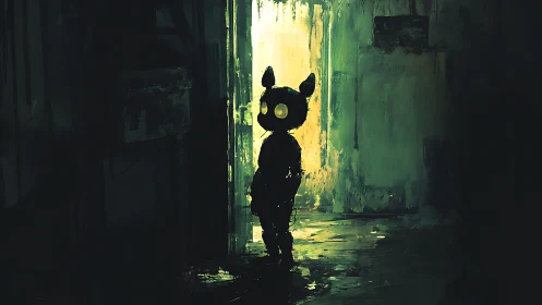 Backlit feline-silhouette figure in decayed industrial corridor