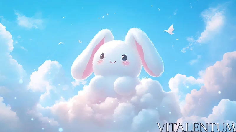Digital illustration shows stylized white rabbit figure in clouds