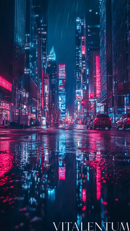 Cyberpunk neon corridor with reflective wet-street symmetry.