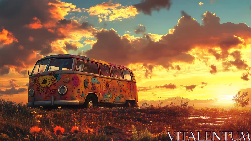 Psychedelic van at sunset rendered in high-saturation digital art