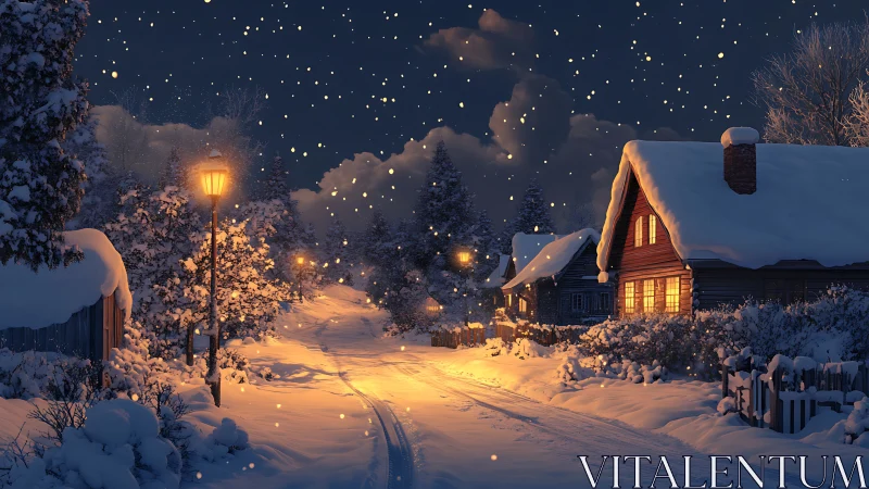 Snowy village lane glows under warm lamplight at night.