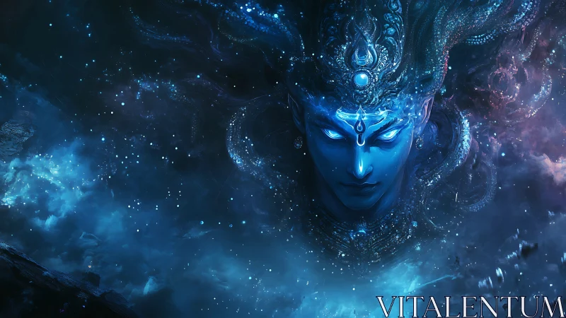 Blue cosmic deity head in swirling galactic nebula field.