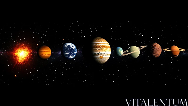 Planets are arranged in a linear sequence against star field