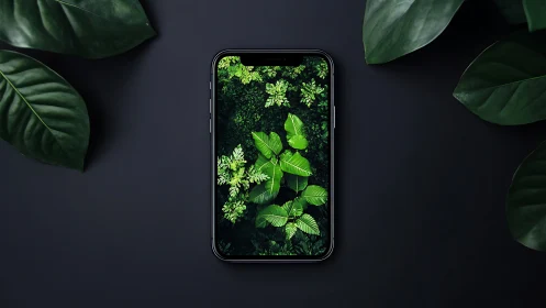 Pocket jungle portal framed by sleek midnight glass.