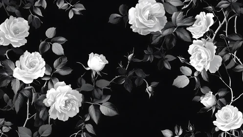 Monochromatic Rose Garden Study: White Blooms Against Deep Black.