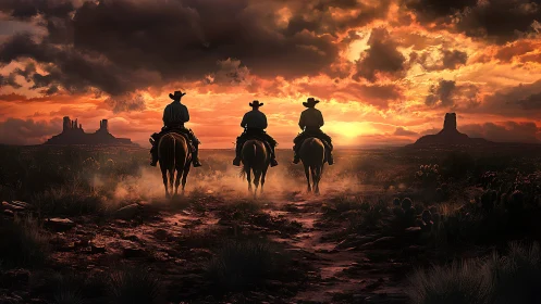 Three cowboys on horseback riding into a fiery sunset.