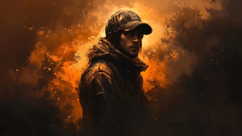 Hooded drifter stands amid burning abstract embers.