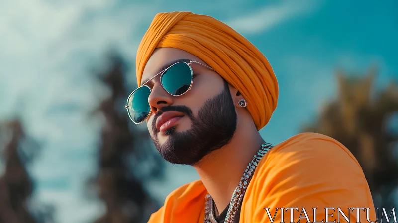 Golden turbaned portrait under vivid cyan sky glow.