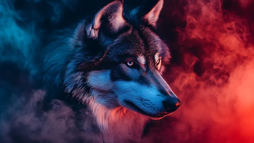 Neon lit wolf portrait in blue and red atmospheric smoke.