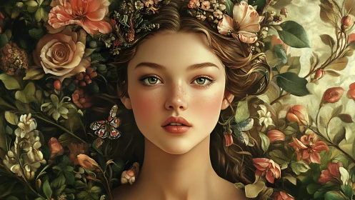 Floral crowned muse gazing through a painted garden hush.