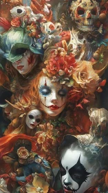 Carnival of painted faces drifting through lush florals.
