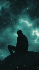 Quiet silhouette resting beneath a rainlit teal sky.