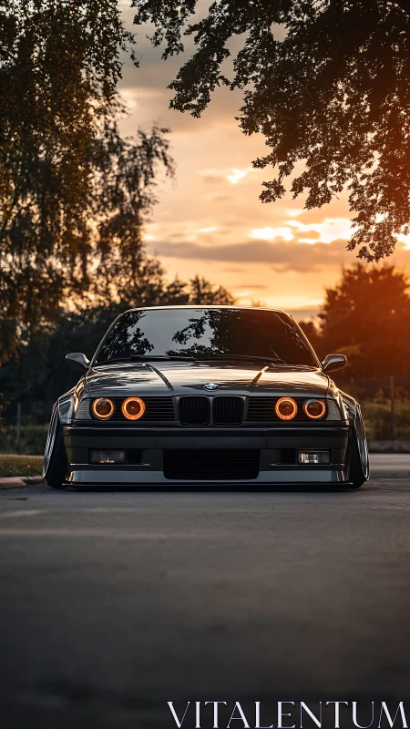 Low-slung black coupe with orange halos at golden sunset.