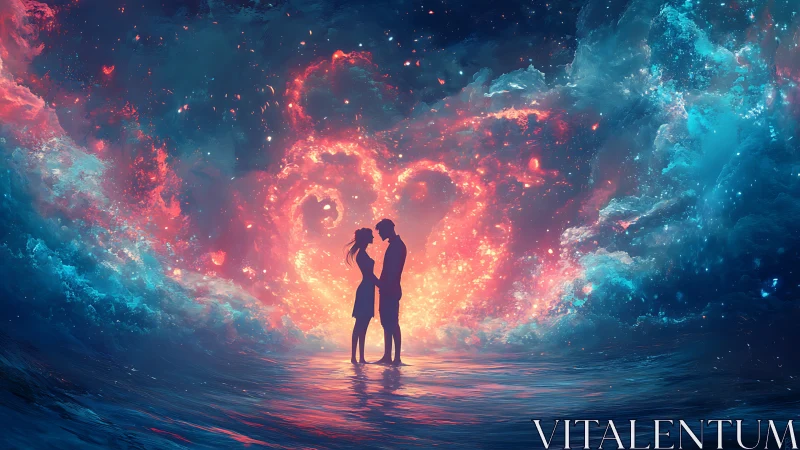 Silhouetted Couple Embracing Within Luminous Cosmic Vortex.