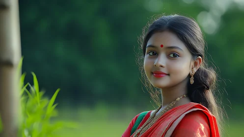 Young girl in red sari with rural green bokeh background