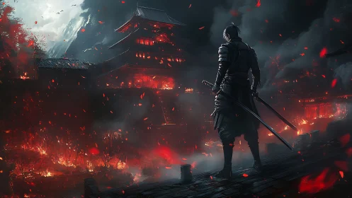 Armored lone swordsman overlooking burning Japanese temple at night