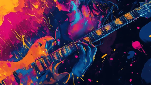 Electric guitar soloist in neon duotone abstract splatter