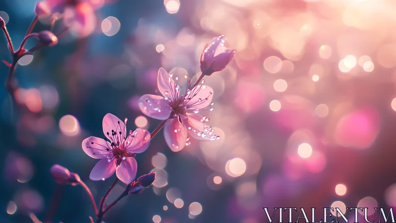 Pink Cherry Blossoms with Dewdrops and Bokeh Light.