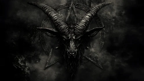 Horned goat skull emerges from shadowed occult pentagram