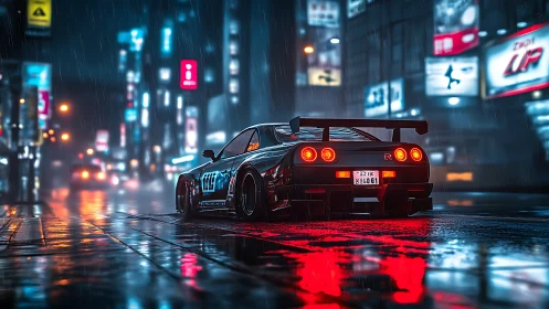 Cyberpunk street racer in neon-soaked nocturnal cityscape.