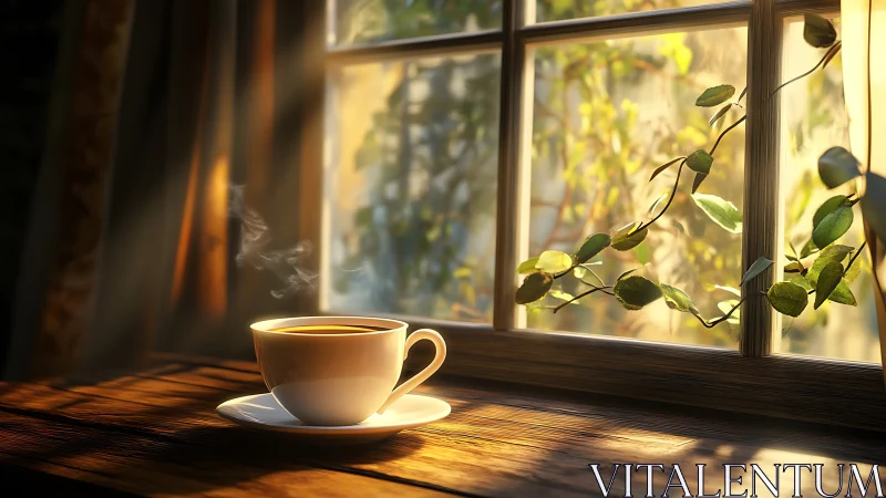 White coffee cup on wooden table near sunlit window indoors.