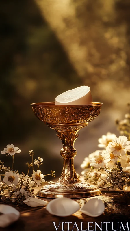 Golden chalice with communion host in soft evening light.