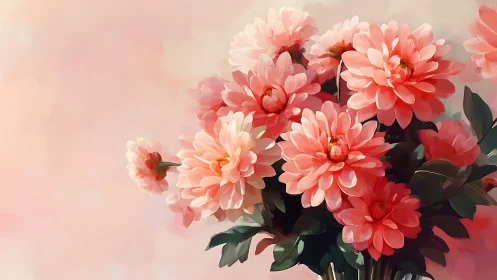 Coral Dahlia Arrangement Against Soft Pastel Background