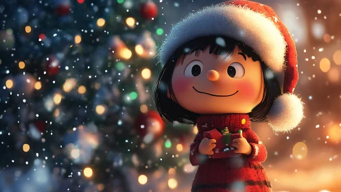 Cartoon child in Santa hat holds gift in snowy scene