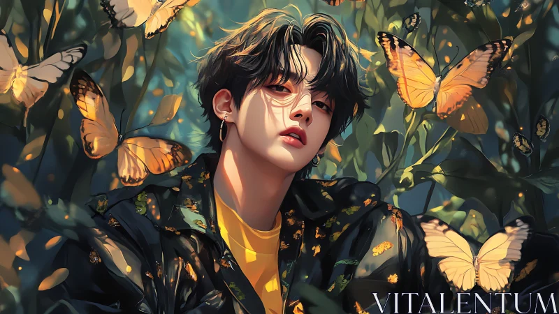 Youthful figure rests in luminous forest with golden butterflies