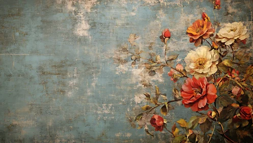 Weathered blue wall with detailed vintage floral mural painting