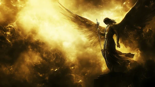 Radiant golden archangel guarding a storm of celestial fire.