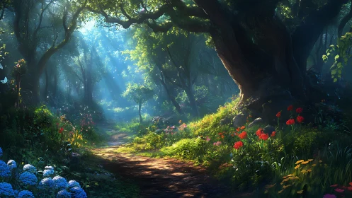 Sunlit forest pathway with flowering borders and tall canopy