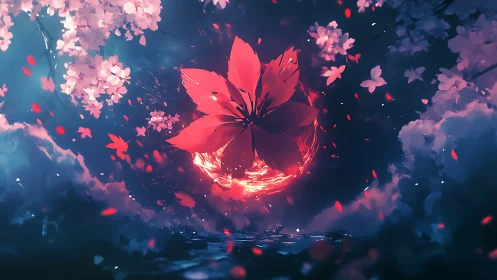 Central red blossom forms against luminous circular vortex