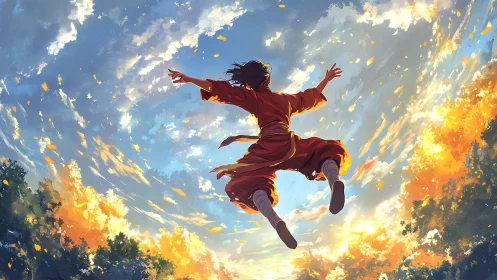 Figure suspended midair against illuminated cloudscape sky.